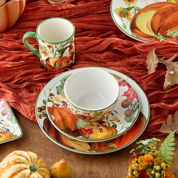 Harvest Fields 16-Piece Ceramic Dinnerware Set Service for 4 – Rustic Farmhouse Plates Mugs &amp Bowls for Cozy Dining &amp Entertaining