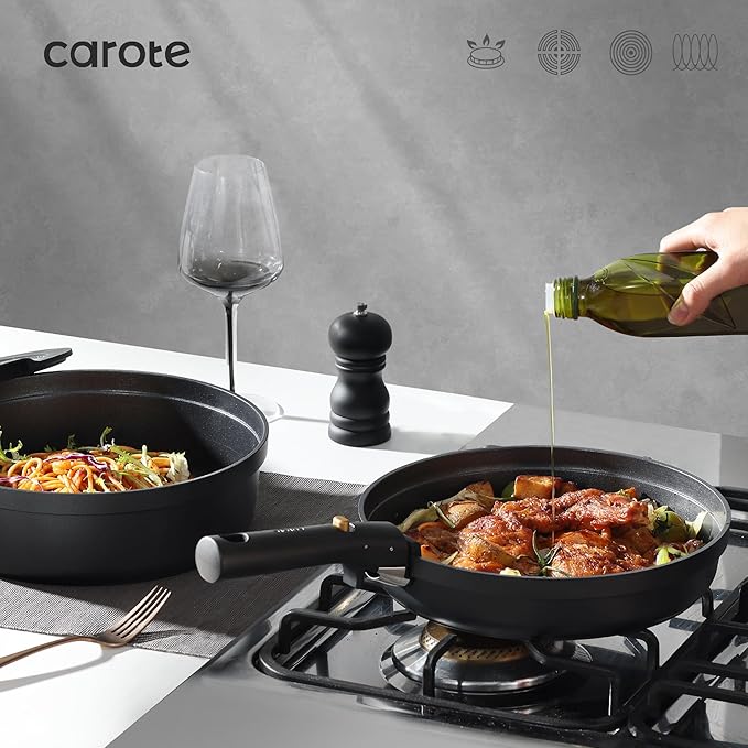 CAROTE 19pcs Pots and Pans Set Non Stick Nonstick Cookware Set Dishwasher/Oven/Fridge Safe Pots and Pans Removable Handle RV Oven Safe Cookware Induction Kitchen Set Black