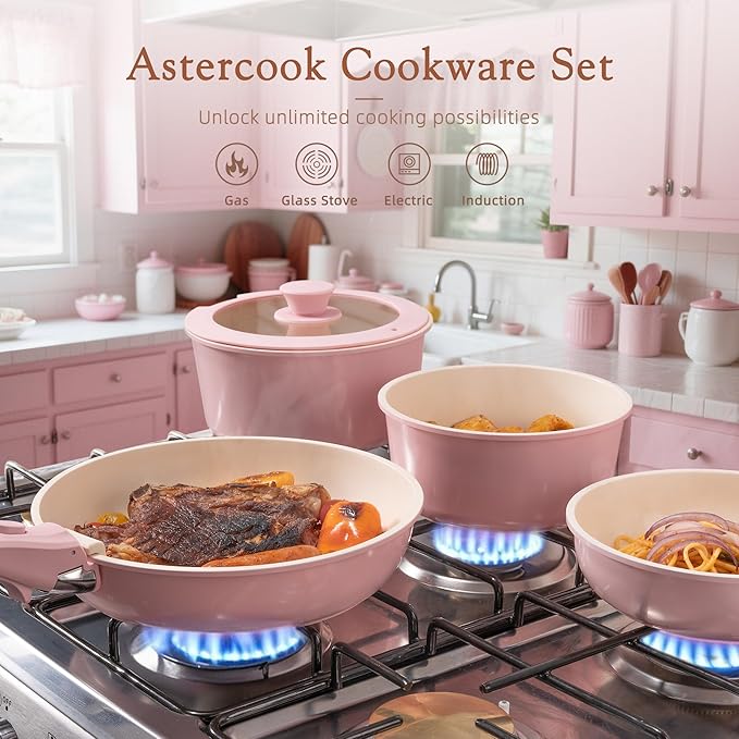 Astercook 21 Pcs Pots and Pans Non Stick Ceramic Cookware Set Detachable Handles RV Kitchen Cooking Set Oven Safe Induction Ready Stackable Pink