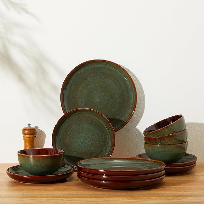 24 Pieces Dinnerware Sets with Pasta Bowls Sage Green