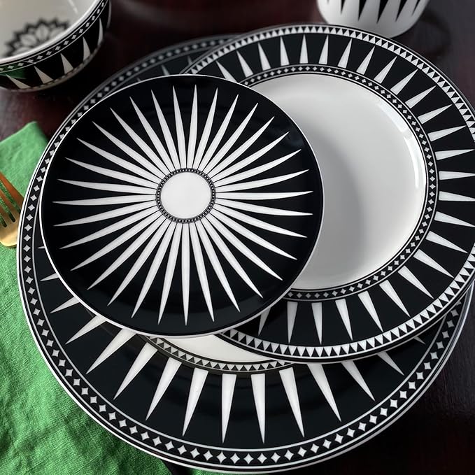 Caskata Unique Design Appetizer Plates Set of 4 | High-Design Lead-Free Porcelain Dinnerware Dessert Plates Set | Black Dinnerware Set for Entertaining Everyday Wedding or Birthday Gifts | 6.35 in