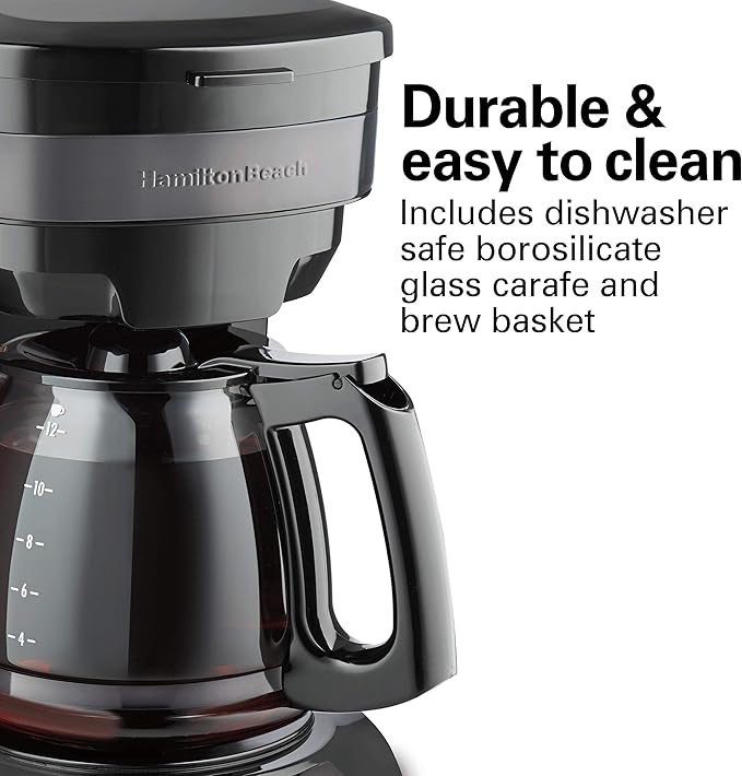 Hamilton Beach 12 Cup Programmable Drip Coffee Maker Machine Regular &amp Bold Brew Options Auto Pause and Pour Glass Carafe Black Stainless (46293J)