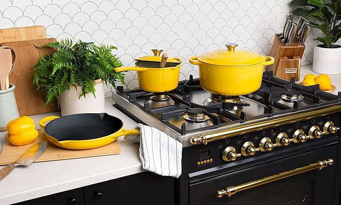 Larder &amp Vine 5-Piece Enameled Cast Iron Cookware Set - Includes 5.7 Quart Dutch Oven with Lid 10.25 Inch Skillet 2.2 Quart Saucepan with Lid (Limoncello)