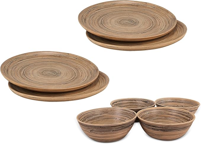 LEXA 8-Piece Handcrafted Bamboo Plate &amp Bowl Set Four 12” Serving Plates and Four 8” Bowls Spun Bamboo Dinnerware for Everyday Meals Entertaining &amp Home Décor (Black)