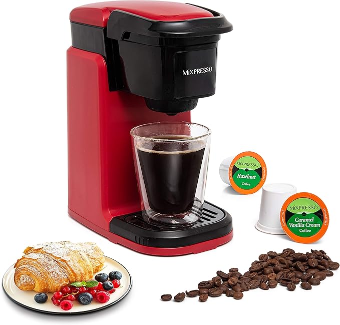 Mixpresso Red Single Serve Coffee Maker for K Capsule Compact Mini Coffee Maker 800 Watt Coffee Machine for Pods or Ground Fast Brew Auto Shut Off 12 Oz Brew Size for Travel Office RV and Dorm