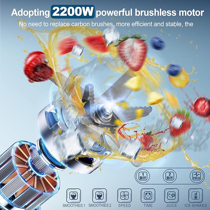 Commercial Blender 2200W 2.1QT 68OZ Quiet Blender Brushless Motors Commercial Smoothies Frozen DrinksSelf-CleaningElectric Countertop Blenders Heavy-DutySilver Grey
