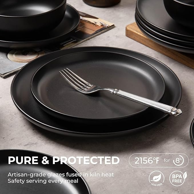 12-Piece Matte Black Dinnerware SetStoneware Dinnerware for 3 Microwave &amp Dishwasher Safe Stackable Design for Kitchen and Dining - PlatesBowls and Mugs