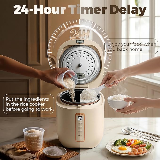 CHACEEF Mini Rice Cooker 2 Cups Uncooked 1.2L Rice Cooker Small Portable Non-Stick Small Travel Rice Maker BPA Free Smart Control Multifunction Cooker with 24 Hours Timer Delay &amp Keep Warm Fun