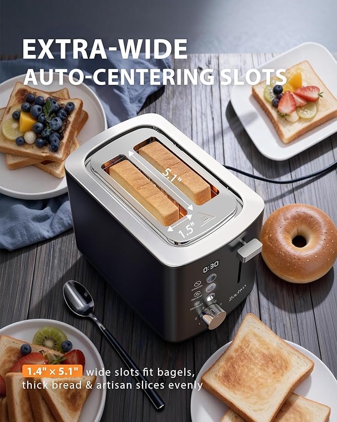 2 Slice Toaster with Wide Slots for Bread &amp Bagels Stainless Steel Toaster with Digital Countdown 6 Shade Settings Defrost Reheat &amp Cancel Compact Design for Kitchen Black