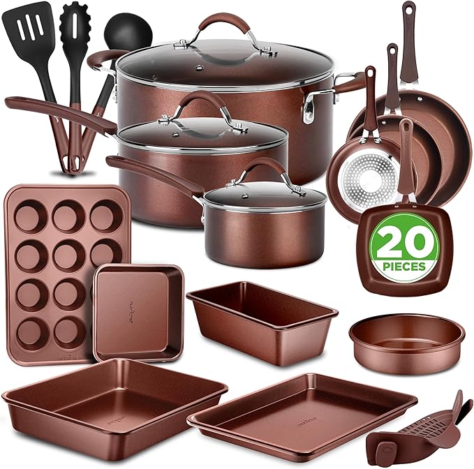 NutriChef Nonstick Cookware Set 20-Piece Premium Kitchen Cookware Set with Pots Pans Bakeware &amp Utensils Non Stick Pots and Pans Compatible with Gas Electric Ceramic &amp Induction Cooktops