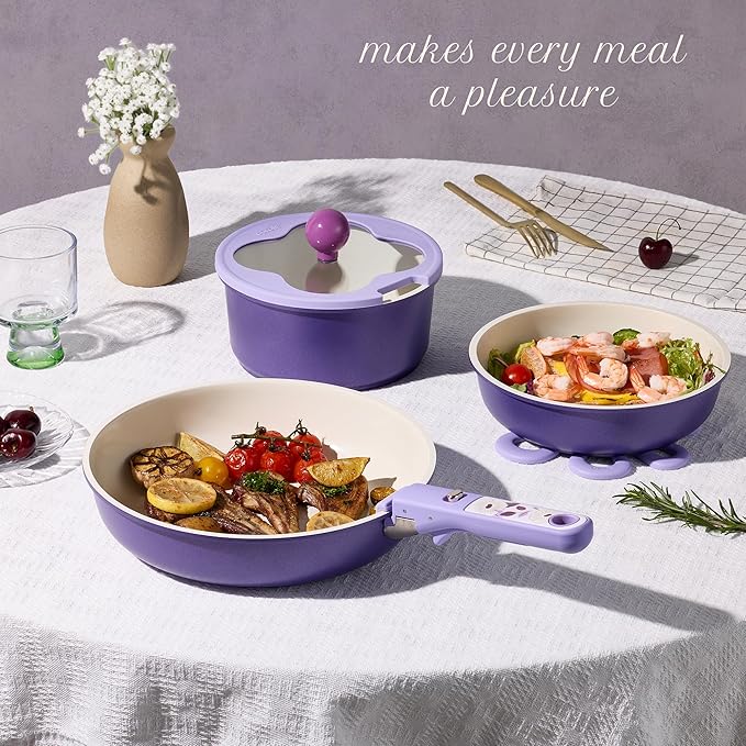 CAROTE 11pcs Ceramic Cookware Set Pots and Pans Set Non stick Induction Kitchen Cookware with Removable Handle RV Dishwasher ＆ Oven Safe RV/Camping Cookware PFOA Free Purple