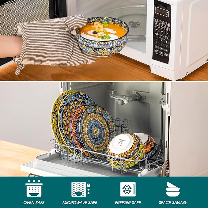 vancasso Plates and Bowls Sets12-Piece Porcelain Dinnerware Set Service for 4 Bohemian Style Dishes Set for 4 Kitchen Dinner Set Microwave and Dishwasher Safe Scratch Resistant Series KRVI