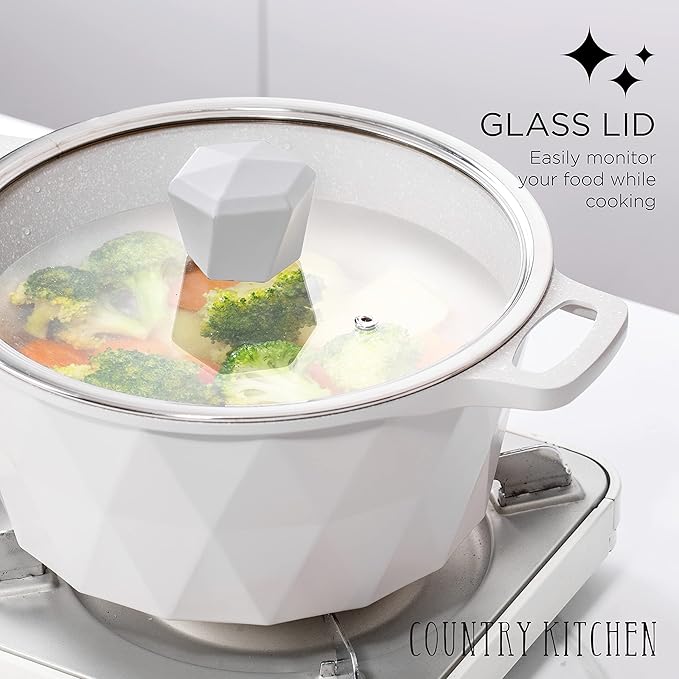 Country Kitchen Non-Stick Cast Aluminum Cookware Set - Durable Kitchen Cookware for Everyday Cooking Cream Diamond 11 Pc.