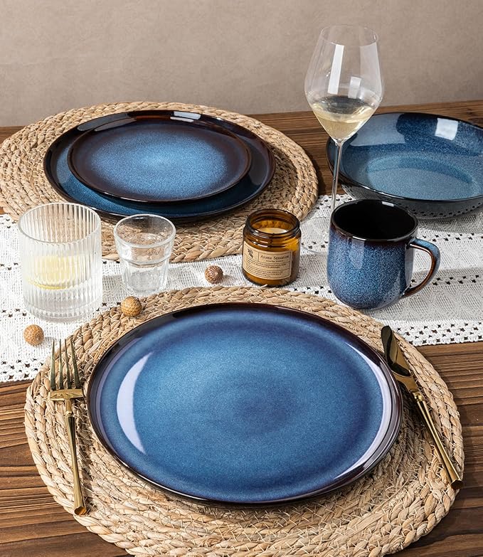 LERATIO Ceramic Dinnerware Sets with Pasta Bowls for 4Reactive Glaze Plates and Bowls SetsOven &ampMicrowave &amp Dishwasher SafeLight Weight &amp Scratch Resistant Dishes Sets-Service for 4 (16