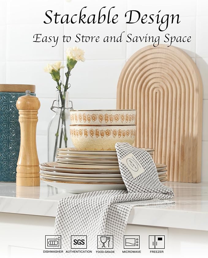 Sweejar Dinnerware Sets Service for 4 12 pcs Porcelain Plates and Bowls for Kitchen Housewaring Gift Chip and Scratch Resistant Dish Set Handmade Dishwasher and Microwave Safe Plate Set Bohemian