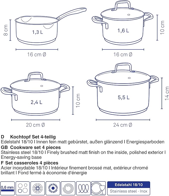 kela Kitchen Cookware Set Stainless Steel 7-Piece Kitchen Set Optimal Heat Distribution Flavoria Collection