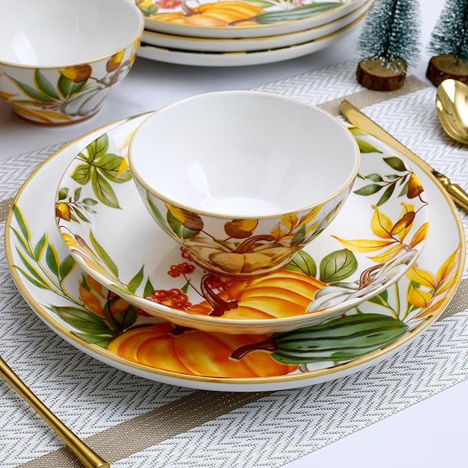 12-Piece Porcelain Dinnerware Set Service for 4 Pumpkin Pattern Plates &amp Bowls Microwave and Dishwasher Safe Dinnerware Set