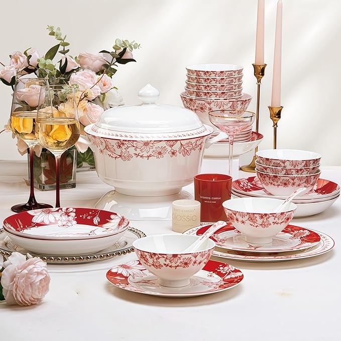 Fine Bone China Dinnerware SetPorcelain&ampCeramic Dinnerware Sets Bone Stoneware&ampCeramic Cookware Tableware Set Includes Dinner Plates|Spoons|Pasta Bowls|Soup Pot|Chopsticks (68 PCS)
