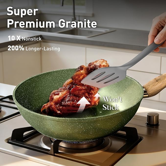 DishDelight Induction Pots and Pans Set Non Stick 12 Piece Nonstick Induction Granite Kitchen Cookware Sets Induction Cookware Nonstick Granite Cooking Set PFOA&ampPFOS Free Green