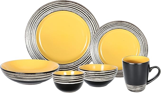 48 Piece Dinnerware Set Ceramic Plates and Bowls Sets for 8 Microwave and Dishwasher Safe Handcrafted Tree Bark Series Dish Set Sunflower/Yellow