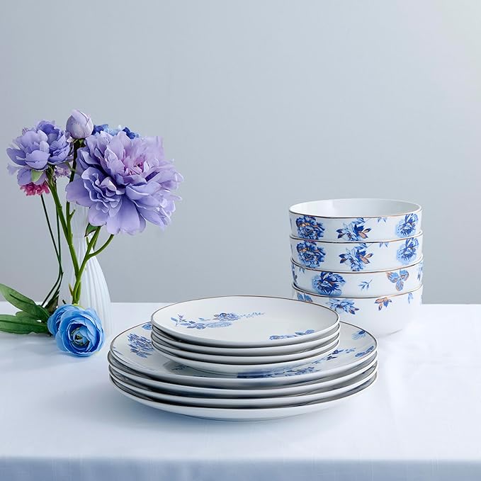 Stone Lain Viola 12-Piece Dinnerware Set Porcelain Plates and Bowls Set Dish Set for 4 Microwave and dishwasher Safe Blue