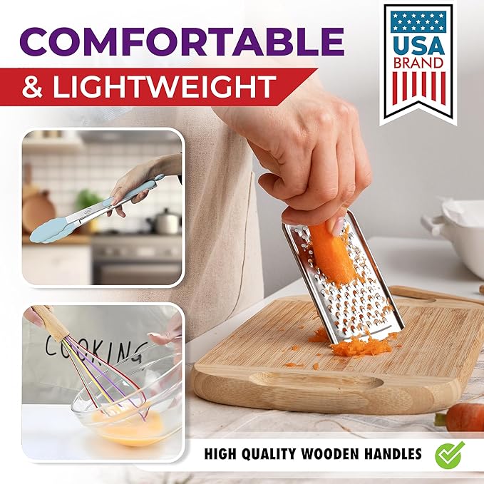 Kaluns 50 PCS Silicone Kitchen Utensils Set Complete Kitchen Set - 800°F Heat Resistant Non-Stick Premium Cooking Utensils W Wooden Handles - Can Opener Masher Turner Silicone Spatula Set