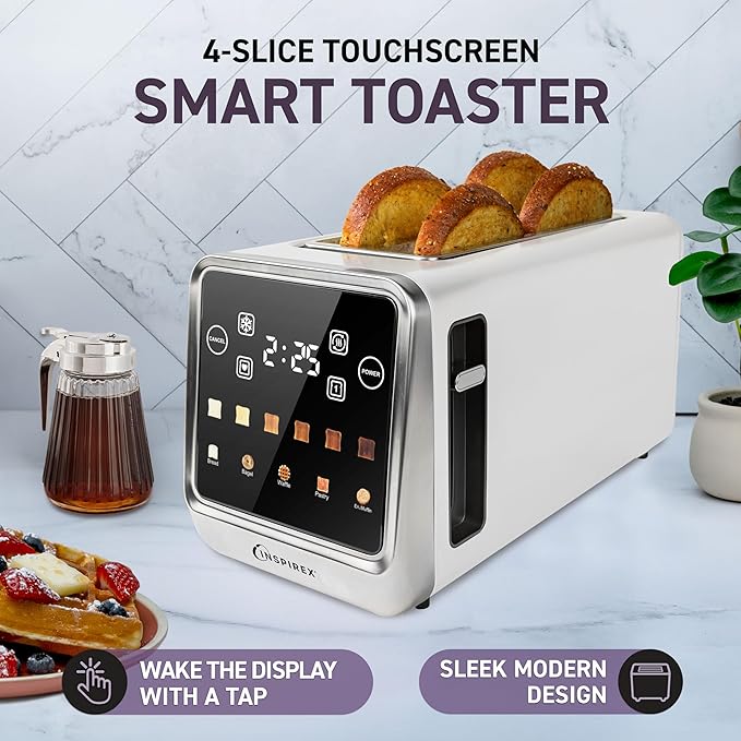 Touch Screen Toaster - 4 Slice 2 Extra Long Slots - 5 Bread Types and 6 Browning Levels - Defrost Reheat Favorite &amp Single Slot Modes - For Toast Bagels &amp Waffles – White