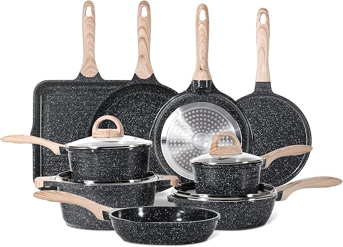 JEETEE 24Pcs Ceramic Cookware Set Gray Pots and Pans Set Non Stick Kitchen Healthy Non Toxic Induction Cookware Sets W/Saucepans Sauté Pan Griddle Crepe Pan &amp Pancake Rake (PFASPFOA Free)