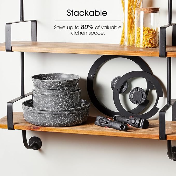 ROSSETTO 7pcs Pots and Pans Set Non Stick from France Ceramic Cookware Set with Removable Handle Induction RV Kitchen Cookware Set Stackable PFOA and PFAS Free Oven Safe Black Granite