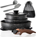 Kitchen Academy Removable Handle Induction Pots and Pans Set - 10 Piece Non-stick Cookware Sets Black Granite Stackable RV Cookware for Camp