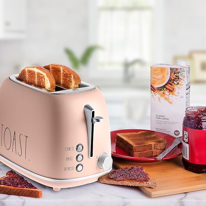 Rae Dunn Retro Rounded Bread Toaster 2 Slice Stainless Steel Toaster with Removable Crumb Tray Wide Slot with 6 Browning Levels Bagel Defrost and Cancel Options Blush