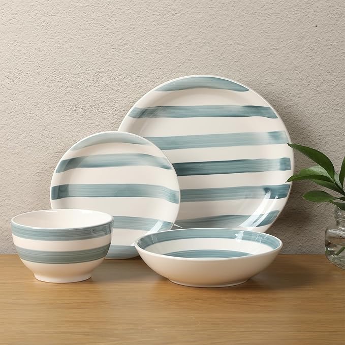Gibson Home Kenwood Shores 16 Piece Dinnerware Set Blue Striped Hand-Painted Stoneware Dishes Plates and Bowls Service for 4 Microwave &amp Dishwasher Safe