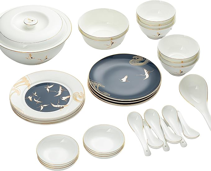 30 Pcs Fine Bone China Dinnerware SetPorcelain&ampCeramic Dinnerware SetsBone Stoneware &amp Ceramic Cookware Tableware Set Includes Dinner Plates|Spoons|Pasta Bowls|Soup Pot|Chopsticks