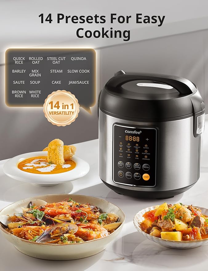 COMFEE' Rice Cooker 14-in-1 Stainless Steel Multi Cooker Slow Cooker Steamer Sauté and Warmer 5.3 QT 20 Cups Cooked (10 Cups Uncooked) Brown Rice Quinoa and Oatmeal