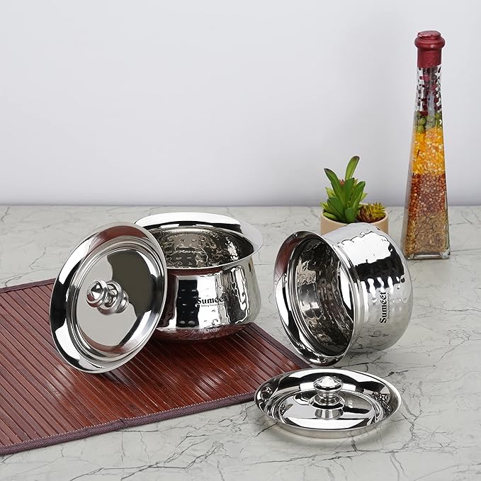 Sumeet Stainless Steel Handcrafted Hammered Texture Handi Set with Lid for Kitchen Set of 2 460ml &amp 650ml Silver