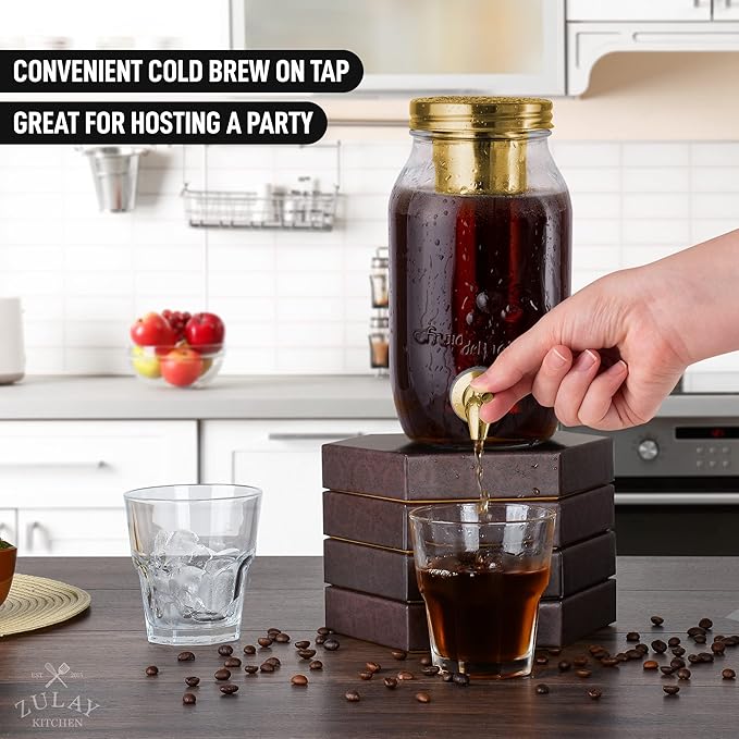 Zulay Kitchen 1.5 Liter Cold Brew Coffee Maker with EXTRA-THICK Glass Carafe &amp Stainless Steel Mesh Filter - Premium Iced Coffee Maker Cold Brew Pitcher &amp Tea Infuser (Gold)