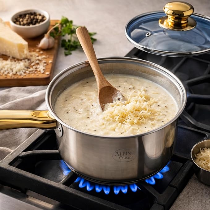 Alpine Cuisine 12-Piece Stainless Steel Cookware Set with Blue Glass Lids &amp Gold Handles – Nonstick Fry Pan Stock Pot &amp Sauce Pots – Induction Compatible Mirror Polish Kitchen Cooking Set