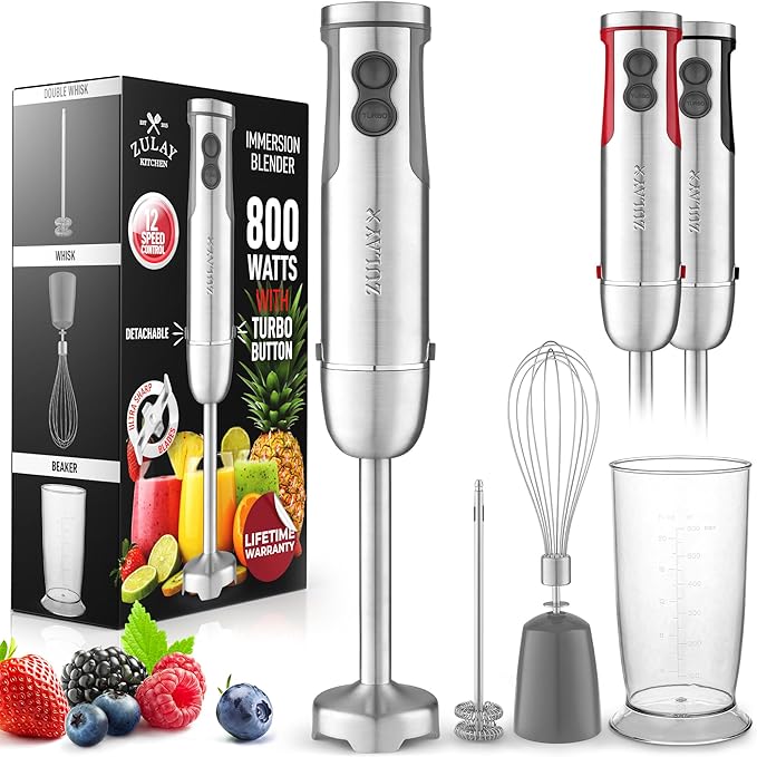 Zulay 4-in-1 Immersion Stick Mixer Hand Blender - 800 Watts 12 Speeds 5-ft Power Electric Cord Handheld Portable Stainless Steel Blades - With Whisk Frother &amp Stick Blender Attachments - Gray