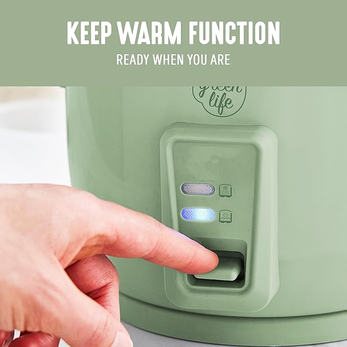 GreenLife Rice Cooker with Removable PFAS-Free Ceramic Nonstick Pot 3-Cups Uncooked/6-Cups Cooked Grains &amp Oatmeal Multicooker Compact One-Switch Design Auto Keep Warm Easy Clean Sage Green