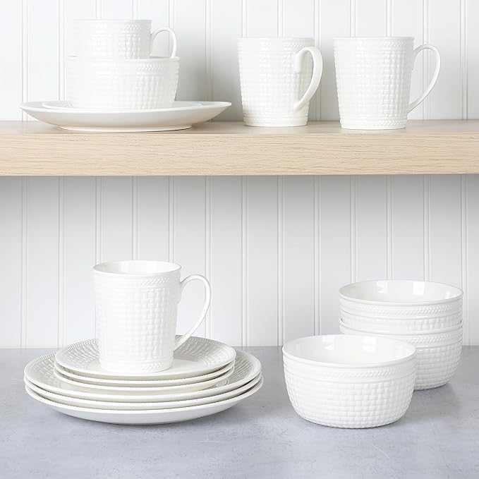 Martha Stewart 16 Piece Basket Weave New Bone China Embossed Porcelain Chip and Scratch Resistant Dinnerware Set