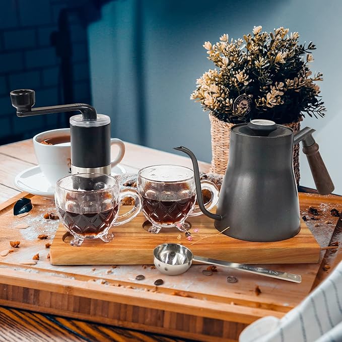 SOTECH Portable Coffee Maker Set Tea Set And Tray Manual Grinder Stainless Steel Scoop &amp 2 Glass Cups and Wooden Tray