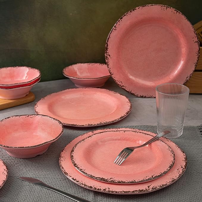 LEHAHA Melamine Dinnerware Sets Farmhouse Dinnerware Set Camping Dishes Set BPA free and Lightweight Durable Outdoor Plates and Bowls Set Service for 4 (12 piece) (Pink)