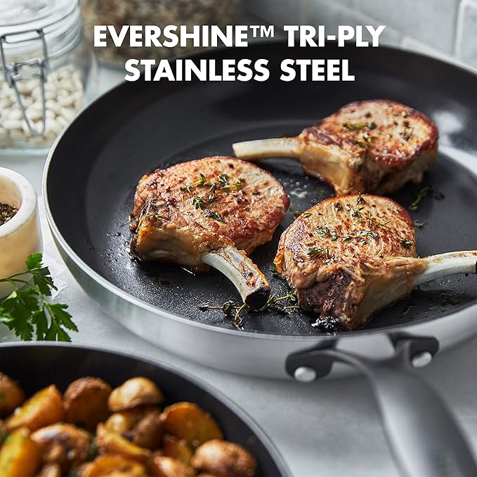 GreenPan Venice Pro Noir Tri-Ply Stainless Steel Healthy Ceramic Nonstick 10 and 12 Frying Pan Skillet Set Matte Black Handle PFAS-Free Multi Clad Induction Dishwasher Safe Oven Safe Silver