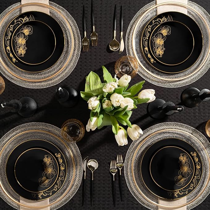 Nicole Fantini's Elegant Orchard Collection Party Dinner Sets: Economical Stylish Black &amp Gold Party Serving for 50 Person: 300 pices