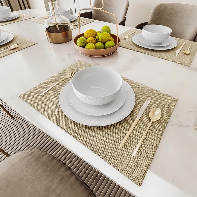 Yoshy 12-Piece White Bone China Dinnerware with Lightweight Durable Chip Resistant Design Service for 4 (18 Piece - Service for 6 Interlace)