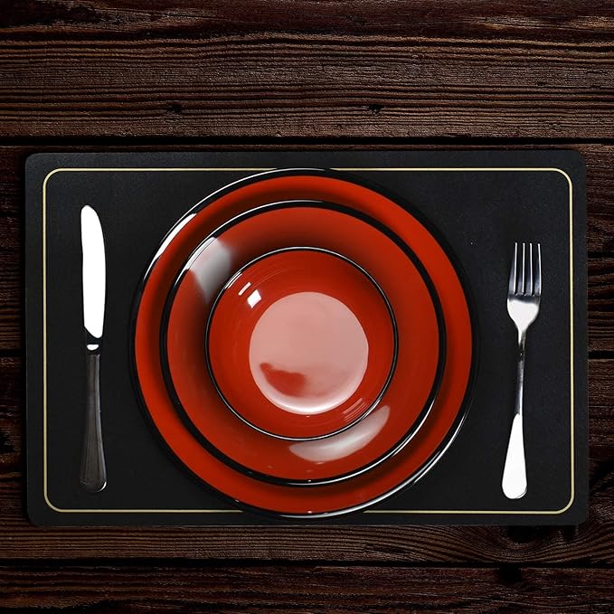 TP 18-Piece Dinnerware Set Melamine Dishes Set with Bowls and Plates Service for 6 Non-breakable Lightweight Dining Tableware Black and Red