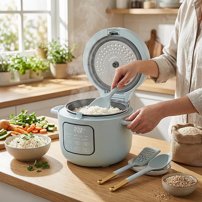 14 Cup Rice and Grain Cooker 6 Cup Uncooked Electric Rice Cooker with 8 Presets with 3 Piece Silicone Kitchen Utensil Set - Hydrangea Programmable Rice Maker with Steamer Tray and Keep Warm
