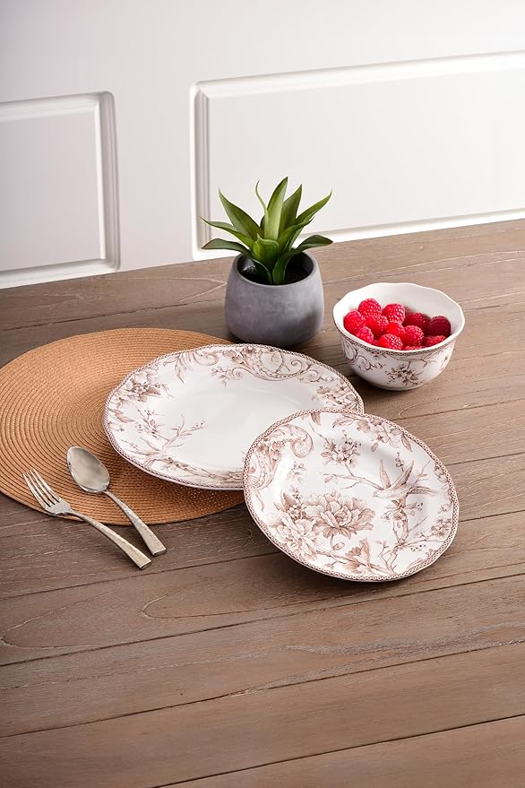 222 Fifth Adelaide Brown on White 12-Piece Dinnerware Set – Service for 4 Big Dinner Plates and Bowls SetsDurable Porcelain Microwave and Dishwasher Safe for Everyday Dining &amp Entertainment