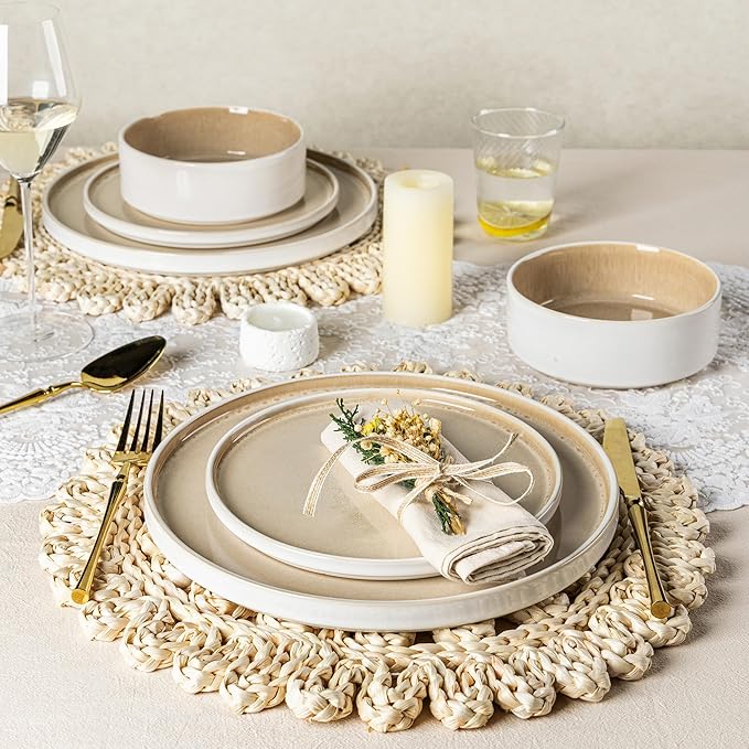 AmorArc Ceramic Dinnerware Sets Handmade Reactive Glaze Stoneware Plates and Bowls SetsHighly Chip and Crack Resistant | Dishwasher &amp Microwave Safe Dishes Set Service for 4 (12pc)