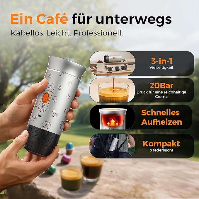 Portable Espresso Machine 3-in-1 Travel Coffee Maker with Self-Heating Battery Operated 20Bar Wireless Portable Espresso Maker Compatible with Ground Coffee &amp Capsule for Camping Car Office